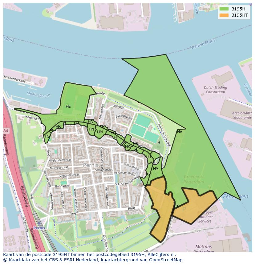 Afbeelding van het postcodegebied 3195 HT op de kaart.