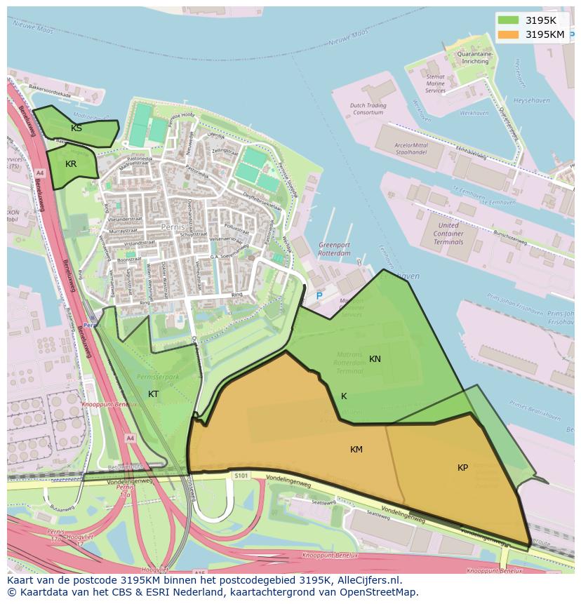 Afbeelding van het postcodegebied 3195 KM op de kaart.