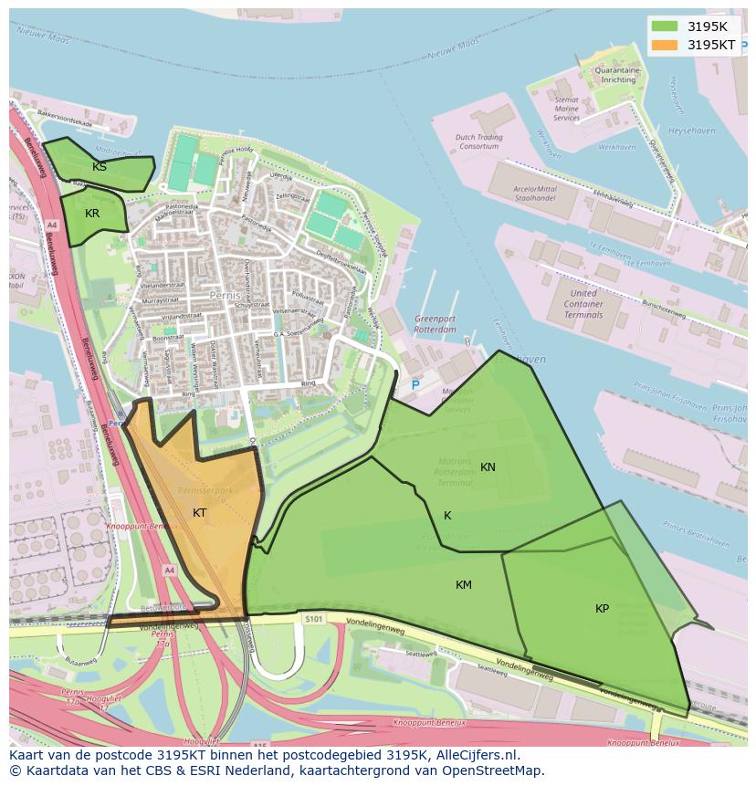Afbeelding van het postcodegebied 3195 KT op de kaart.