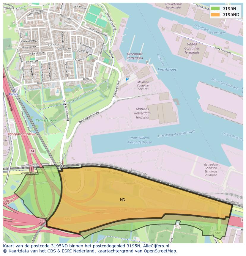 Afbeelding van het postcodegebied 3195 ND op de kaart.