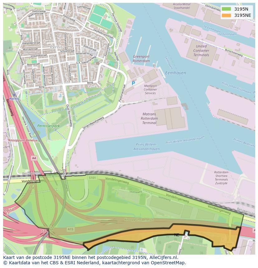 Afbeelding van het postcodegebied 3195 NE op de kaart.