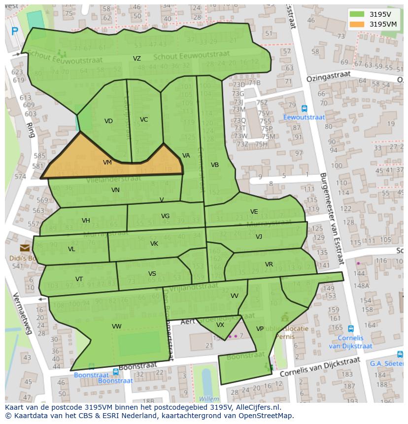 Afbeelding van het postcodegebied 3195 VM op de kaart.