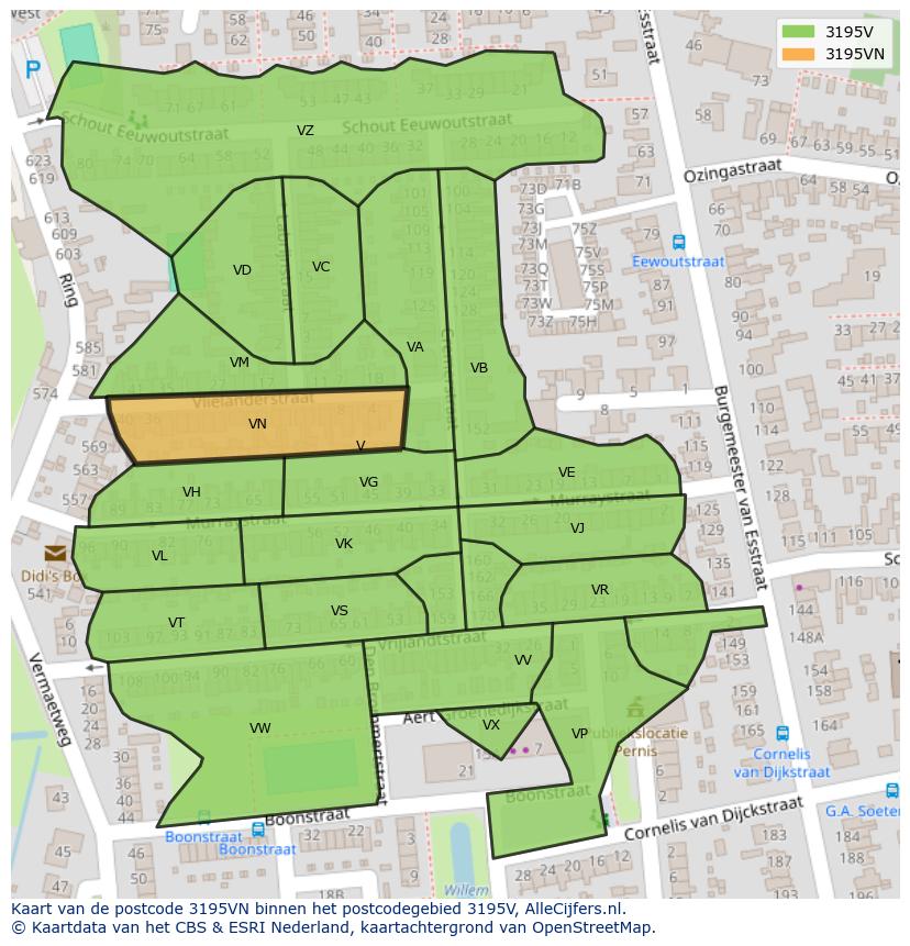 Afbeelding van het postcodegebied 3195 VN op de kaart.