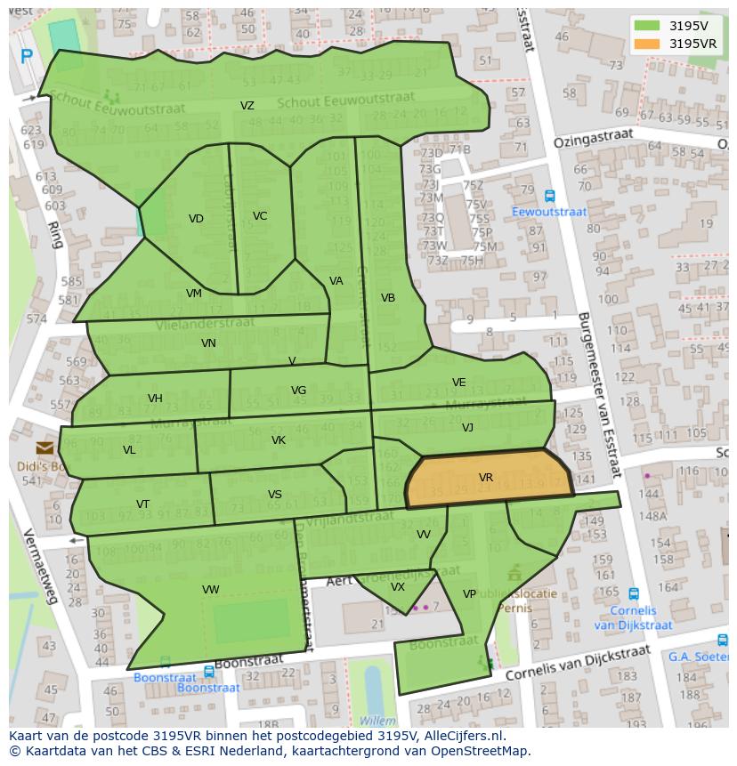 Afbeelding van het postcodegebied 3195 VR op de kaart.
