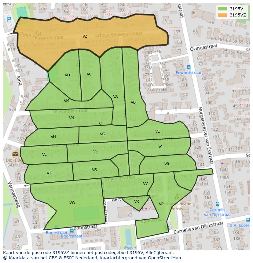 Afbeelding van het postcodegebied 3195 VZ op de kaart.