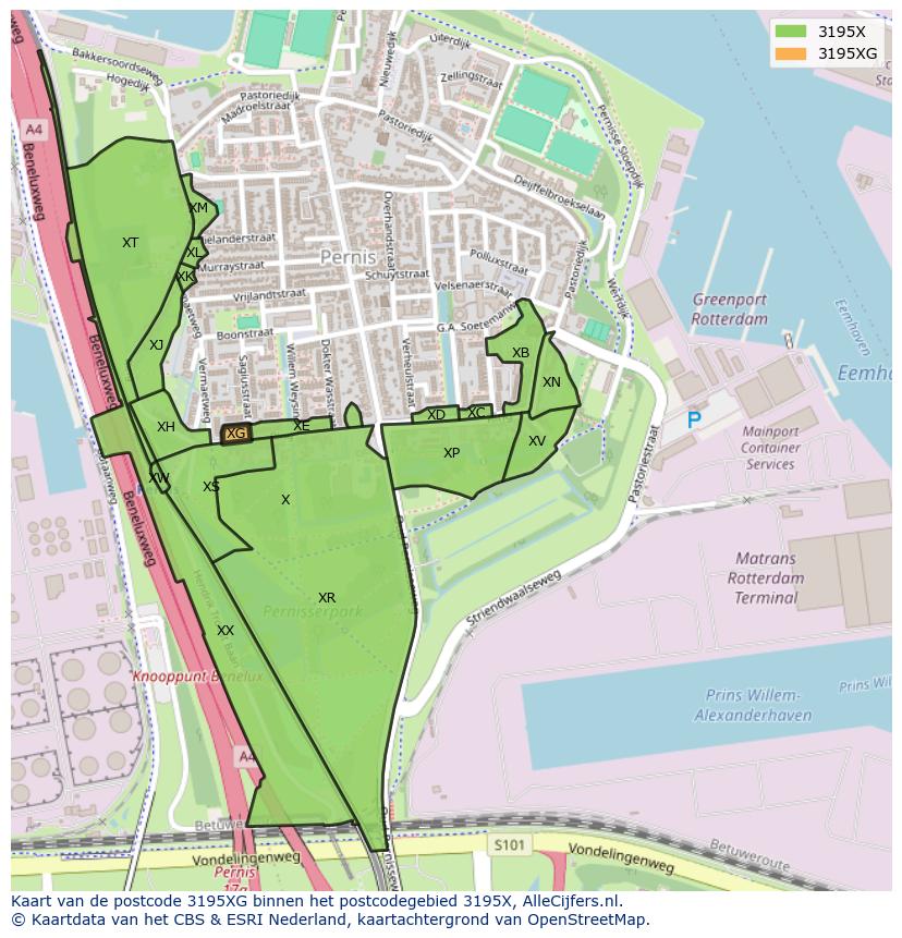 Afbeelding van het postcodegebied 3195 XG op de kaart.