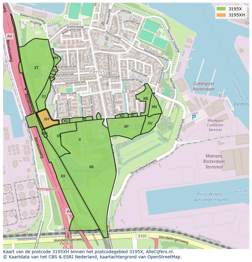 Afbeelding van het postcodegebied 3195 XH op de kaart.