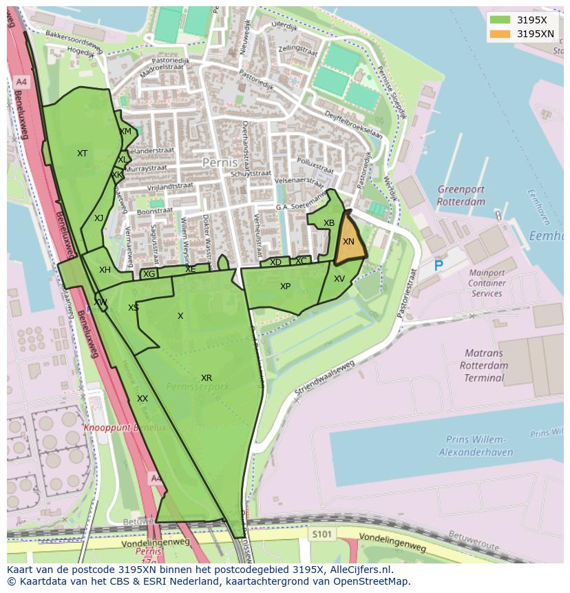 Afbeelding van het postcodegebied 3195 XN op de kaart.
