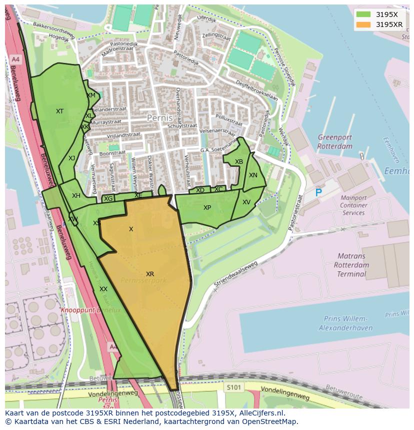 Afbeelding van het postcodegebied 3195 XR op de kaart.