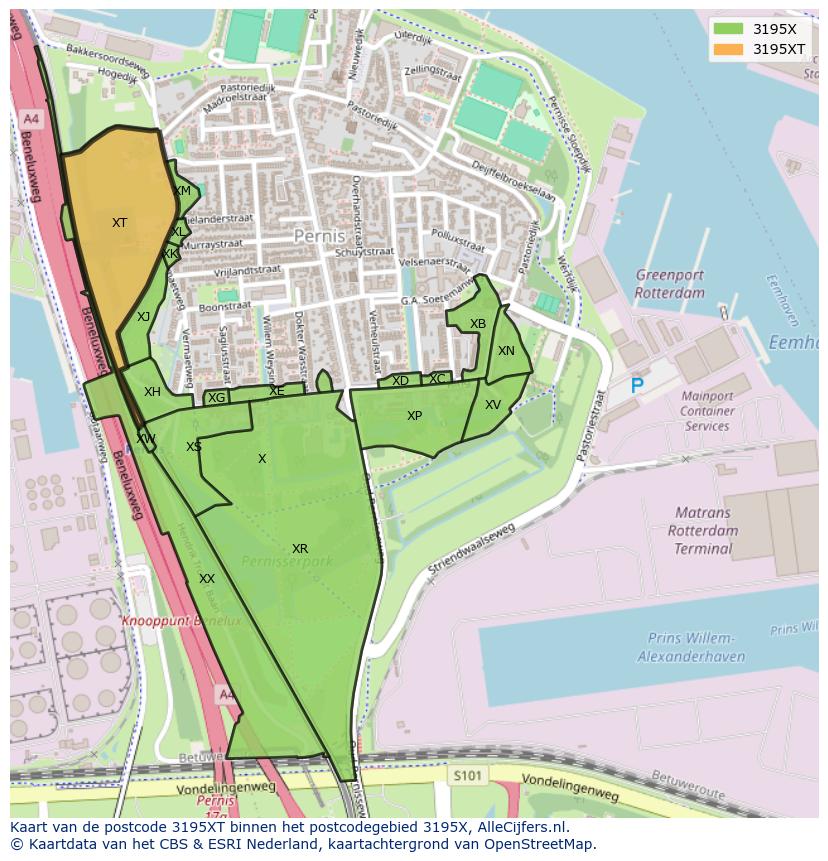 Afbeelding van het postcodegebied 3195 XT op de kaart.