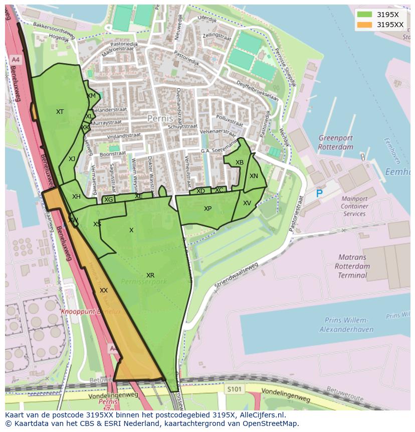 Afbeelding van het postcodegebied 3195 XX op de kaart.
