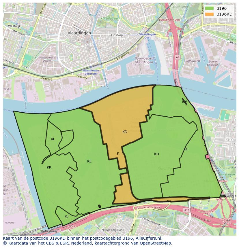 Afbeelding van het postcodegebied 3196 KD op de kaart.