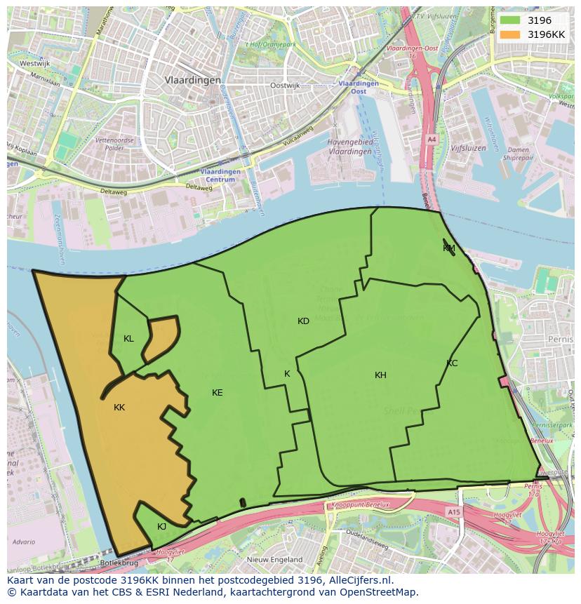 Afbeelding van het postcodegebied 3196 KK op de kaart.