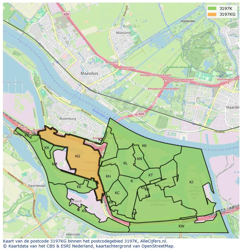 Afbeelding van het postcodegebied 3197 KG op de kaart.