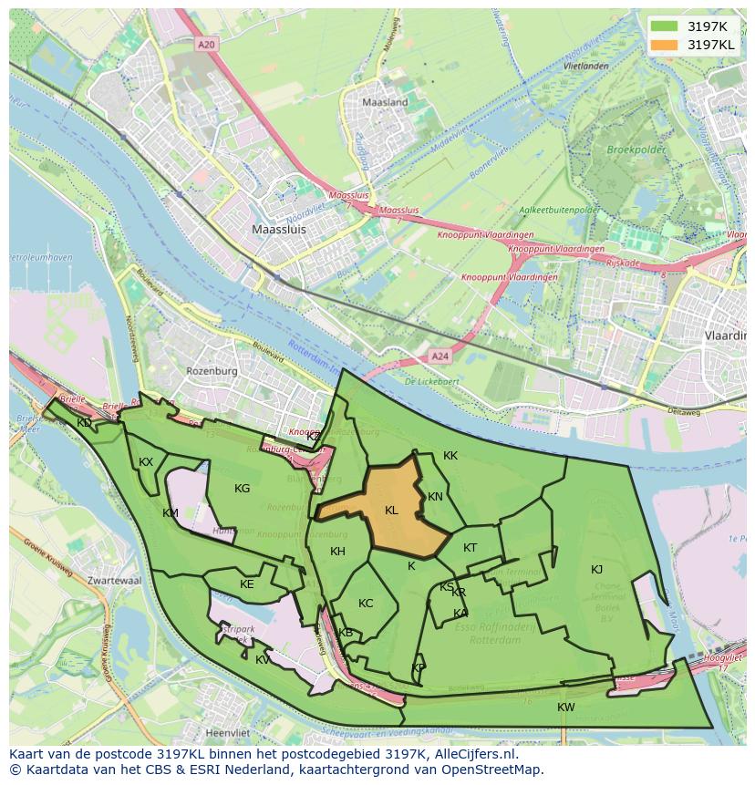 Afbeelding van het postcodegebied 3197 KL op de kaart.