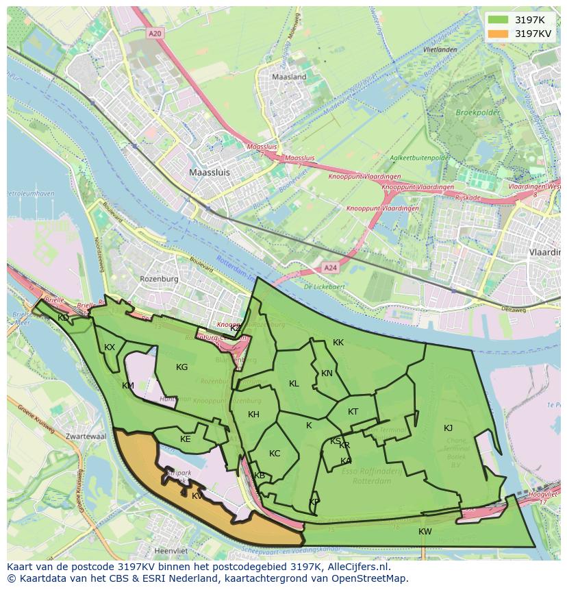 Afbeelding van het postcodegebied 3197 KV op de kaart.
