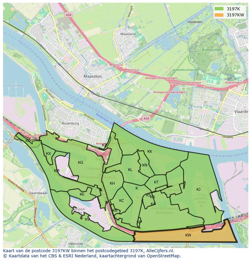 Afbeelding van het postcodegebied 3197 KW op de kaart.