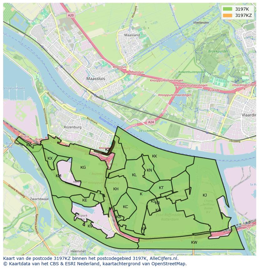 Afbeelding van het postcodegebied 3197 KZ op de kaart.