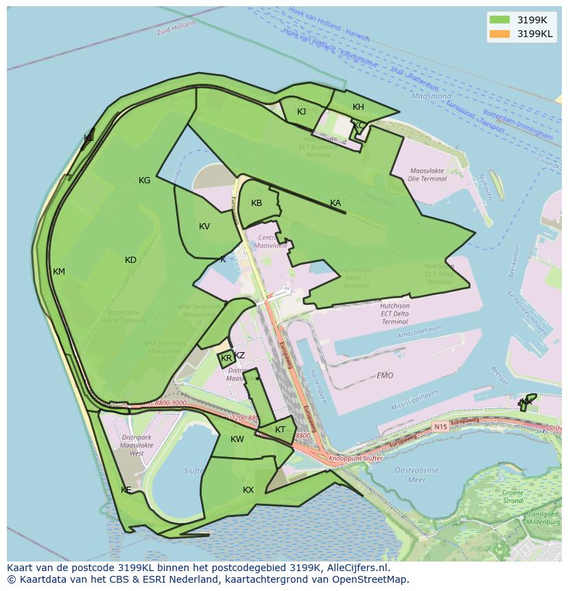 Afbeelding van het postcodegebied 3199 KL op de kaart.