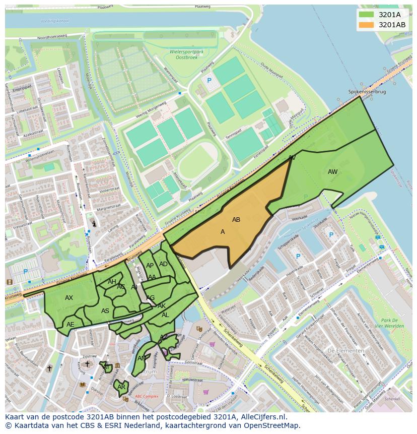 Afbeelding van het postcodegebied 3201 AB op de kaart.