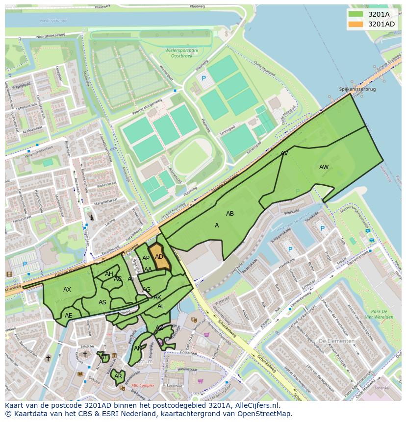 Afbeelding van het postcodegebied 3201 AD op de kaart.