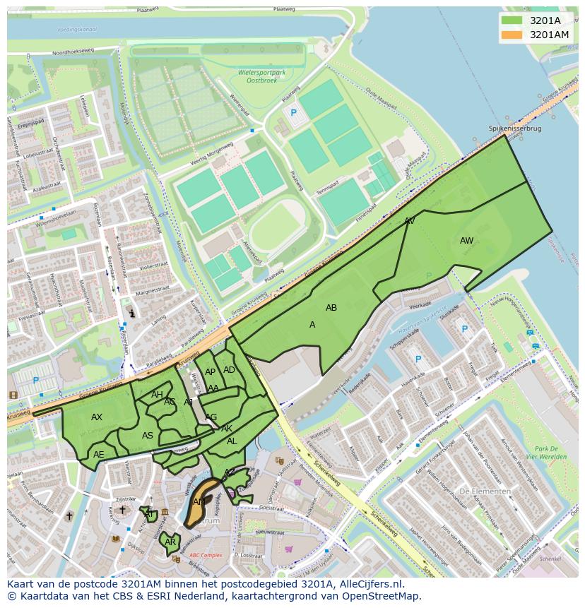 Afbeelding van het postcodegebied 3201 AM op de kaart.
