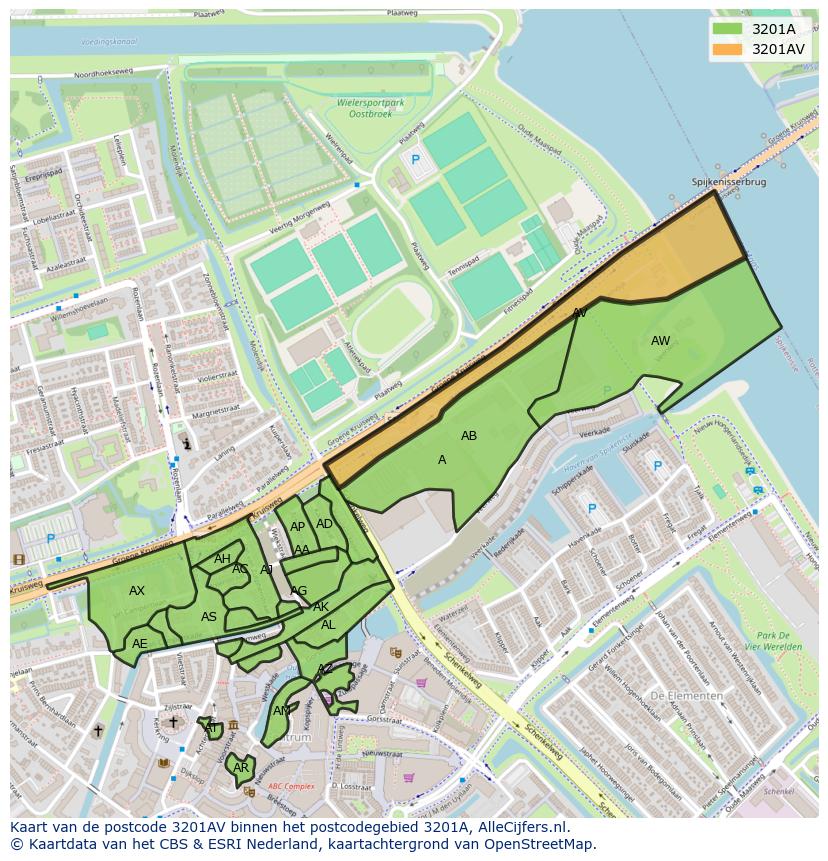Afbeelding van het postcodegebied 3201 AV op de kaart.