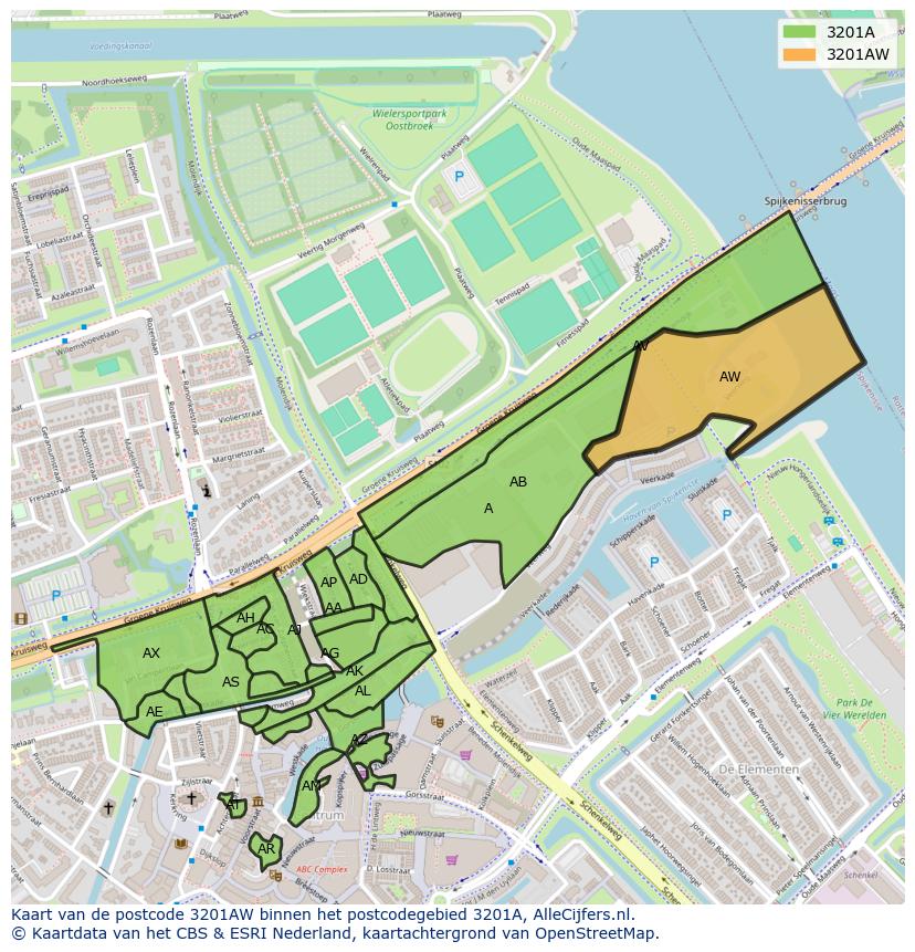 Afbeelding van het postcodegebied 3201 AW op de kaart.