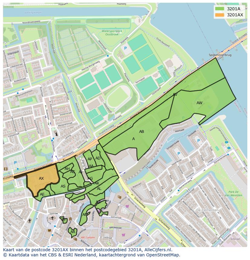 Afbeelding van het postcodegebied 3201 AX op de kaart.