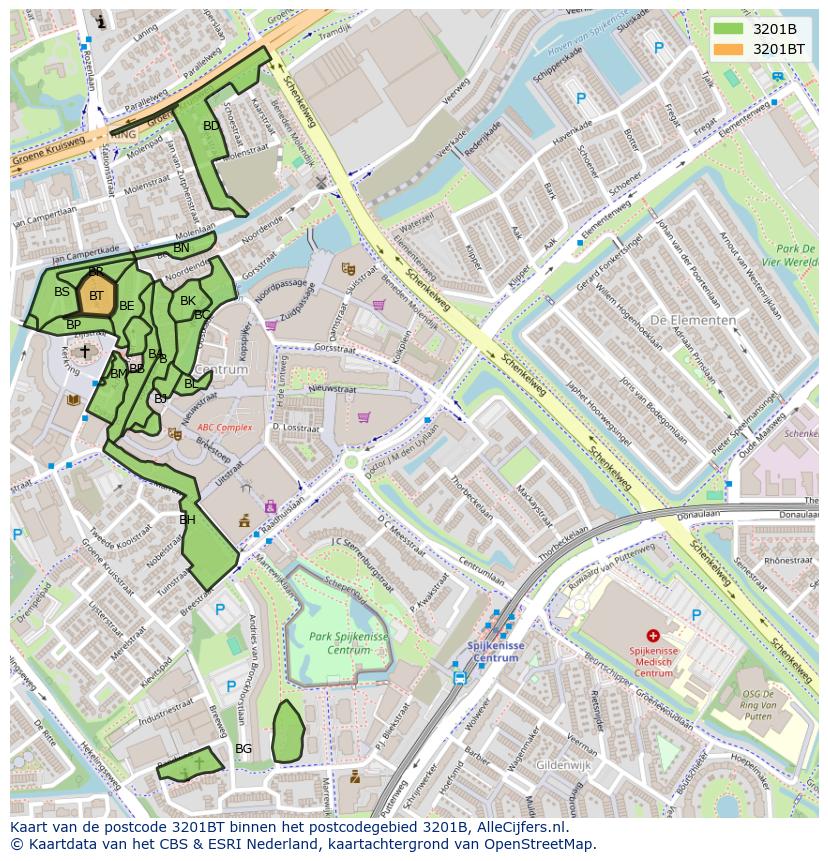 Afbeelding van het postcodegebied 3201 BT op de kaart.
