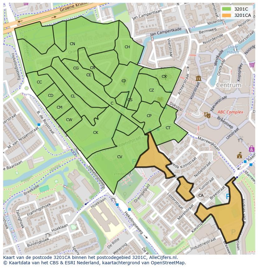 Afbeelding van het postcodegebied 3201 CA op de kaart.