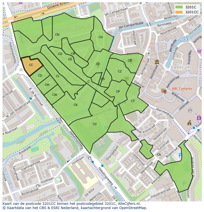 Afbeelding van het postcodegebied 3201 CC op de kaart.