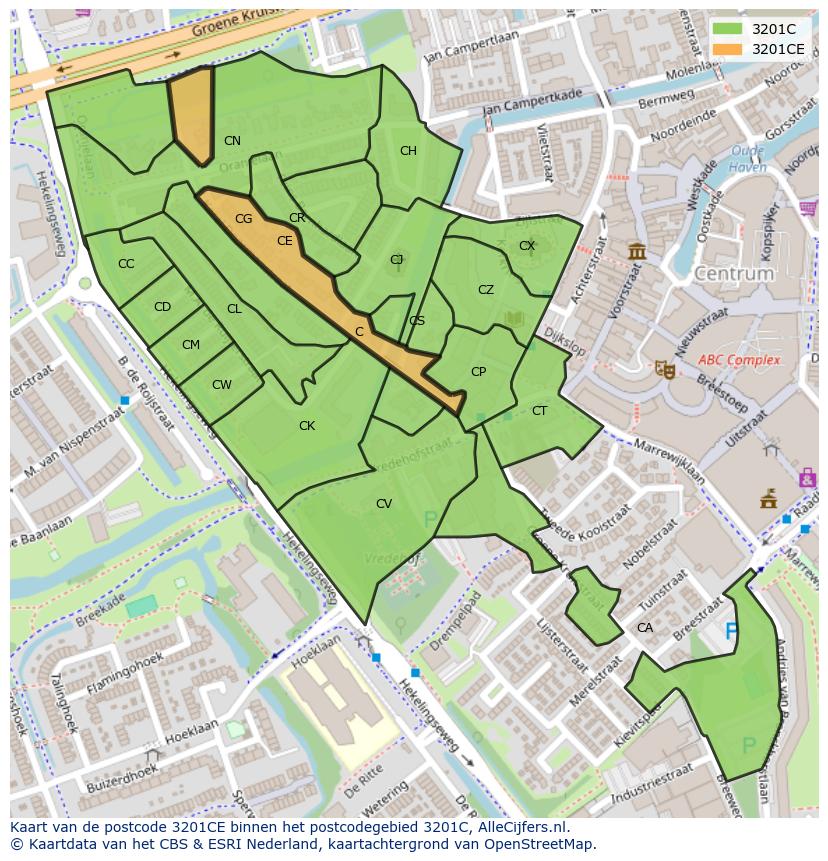 Afbeelding van het postcodegebied 3201 CE op de kaart.
