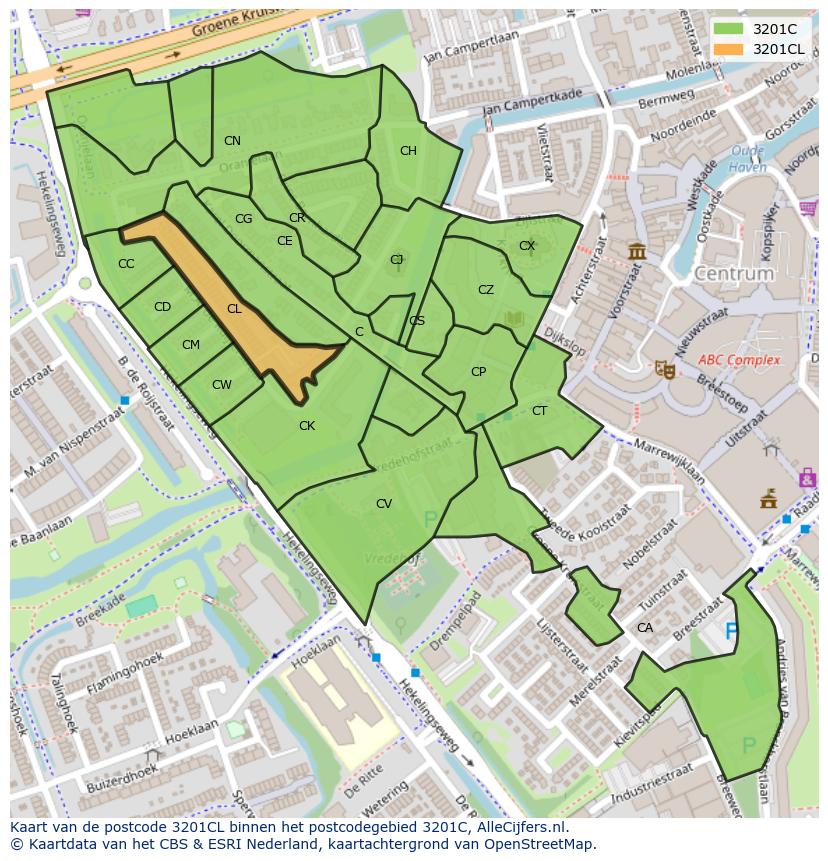 Afbeelding van het postcodegebied 3201 CL op de kaart.