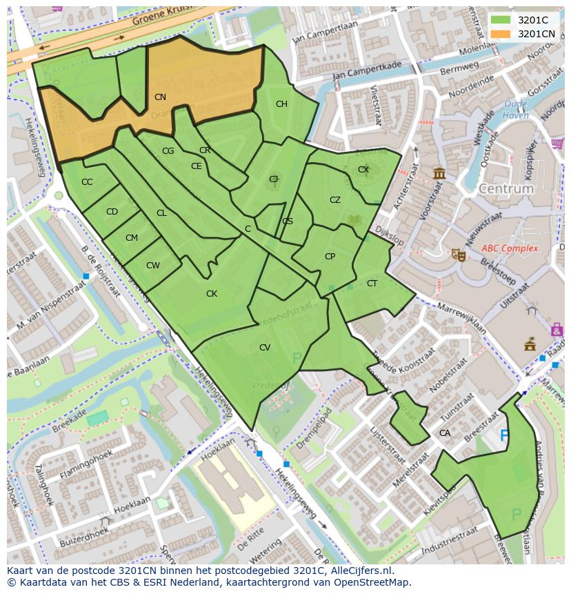 Afbeelding van het postcodegebied 3201 CN op de kaart.