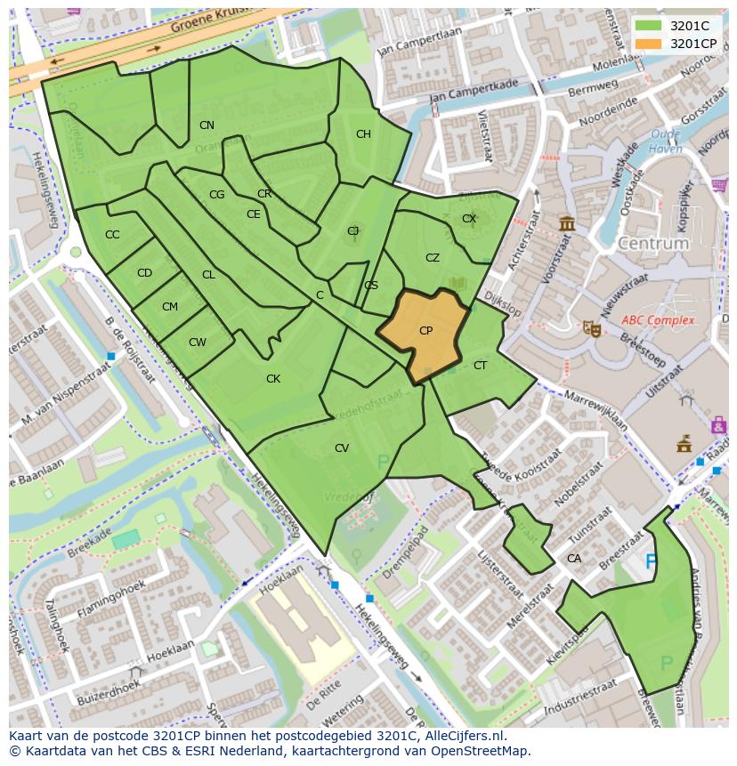 Afbeelding van het postcodegebied 3201 CP op de kaart.
