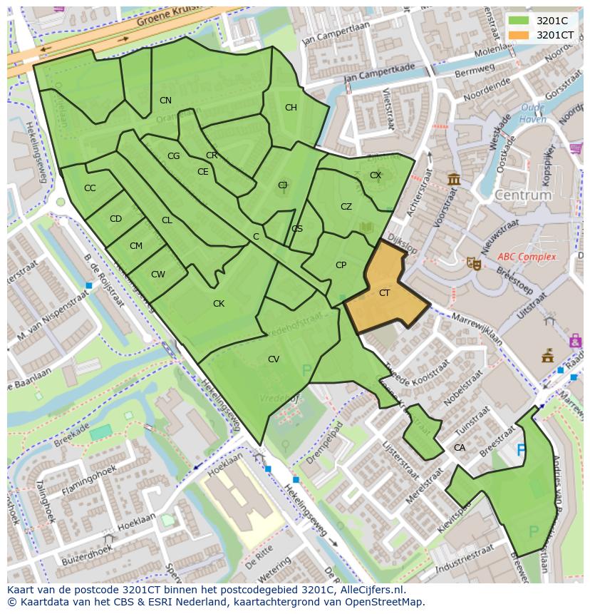 Afbeelding van het postcodegebied 3201 CT op de kaart.