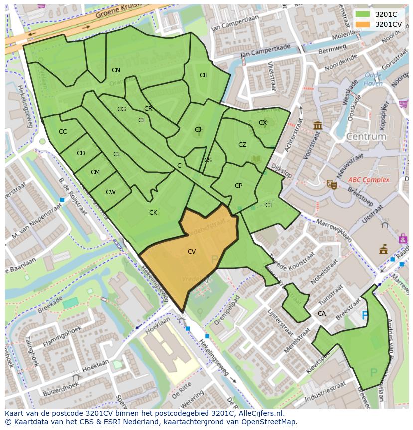 Afbeelding van het postcodegebied 3201 CV op de kaart.
