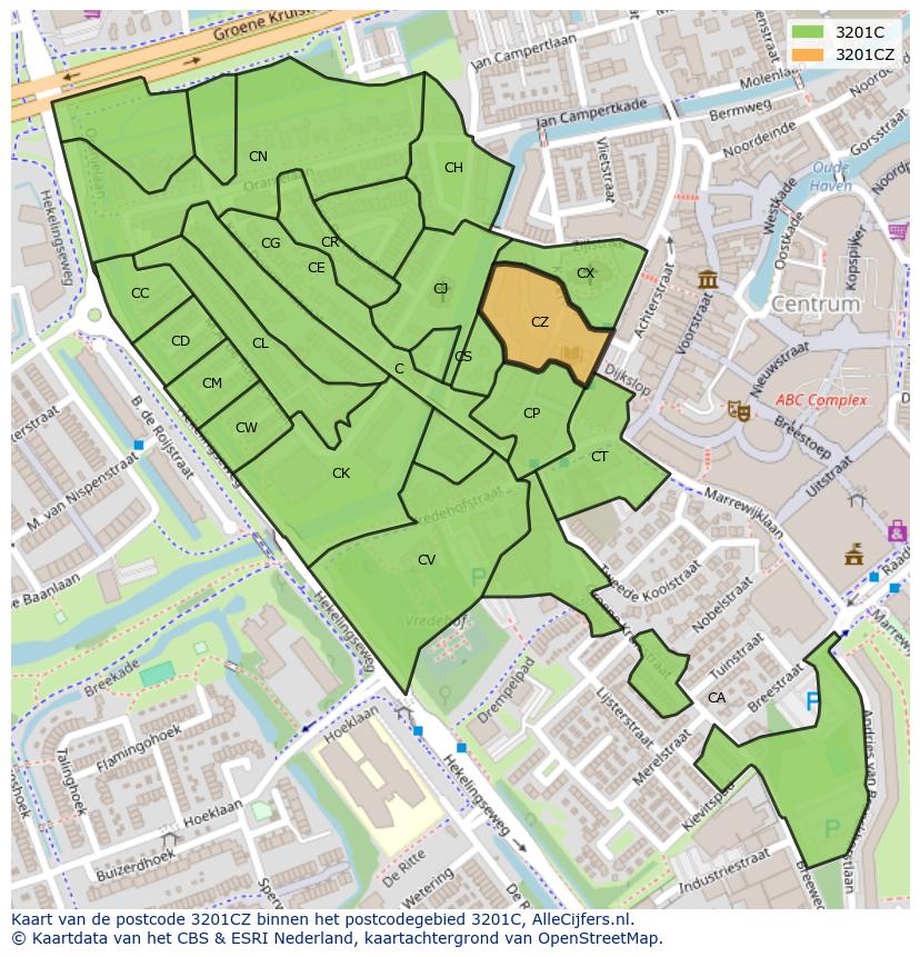 Afbeelding van het postcodegebied 3201 CZ op de kaart.