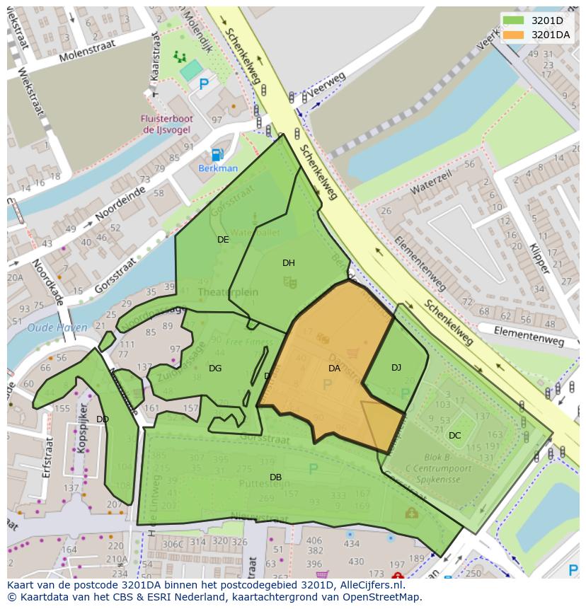 Afbeelding van het postcodegebied 3201 DA op de kaart.