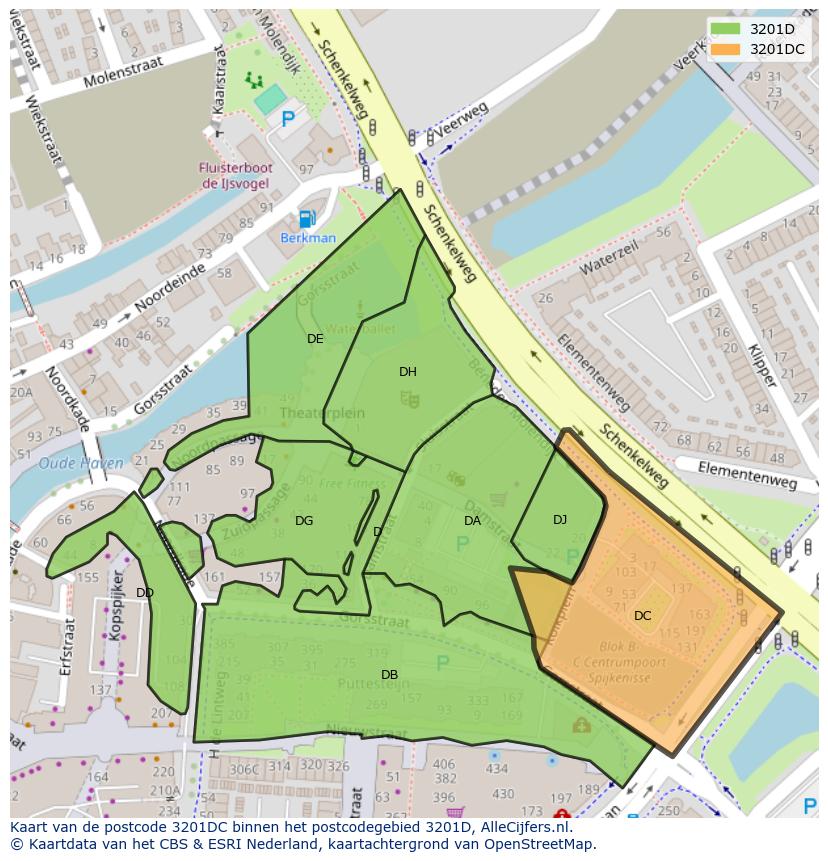 Afbeelding van het postcodegebied 3201 DC op de kaart.