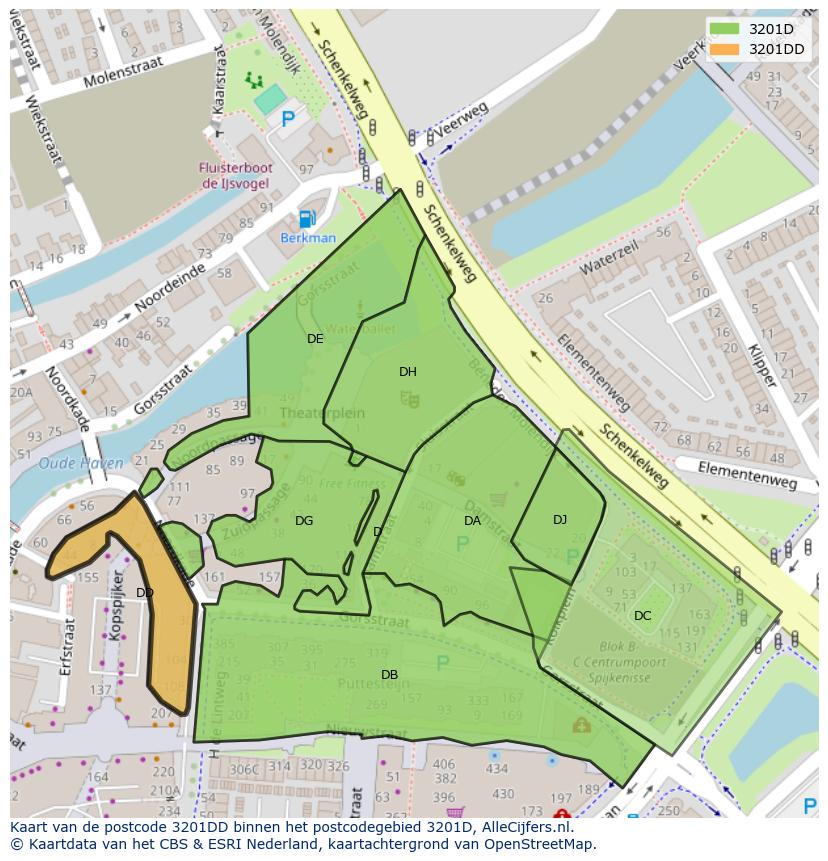 Afbeelding van het postcodegebied 3201 DD op de kaart.