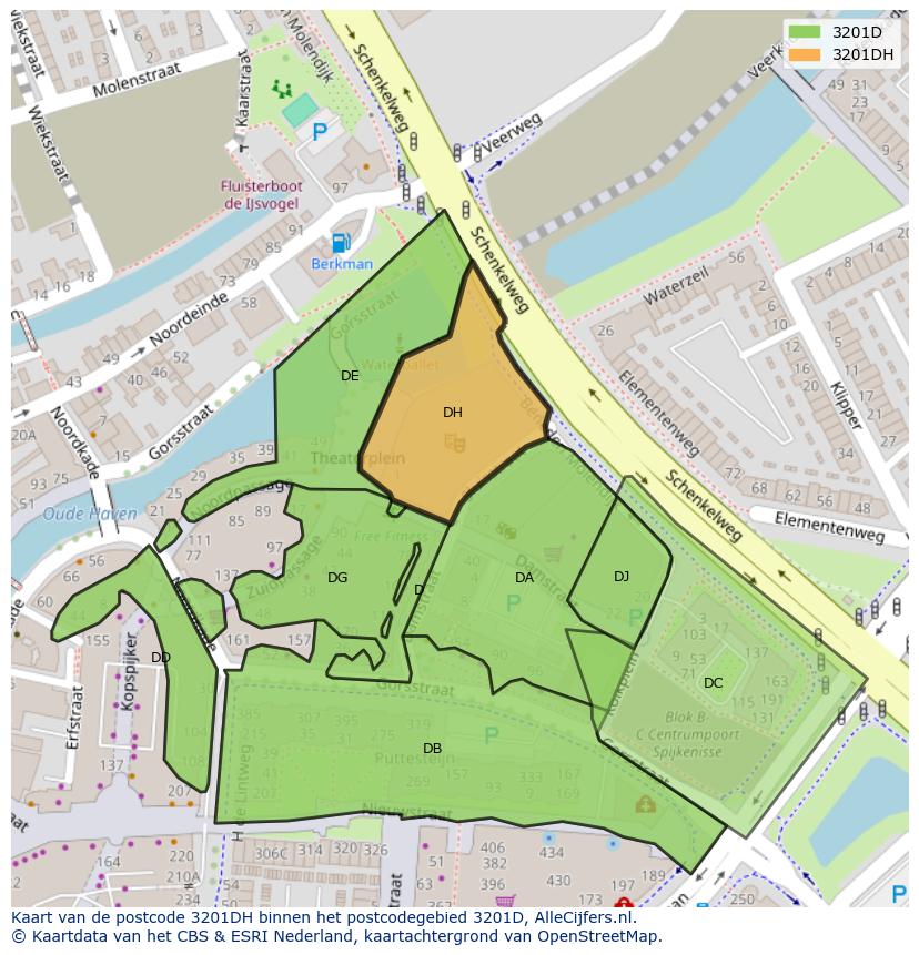Afbeelding van het postcodegebied 3201 DH op de kaart.