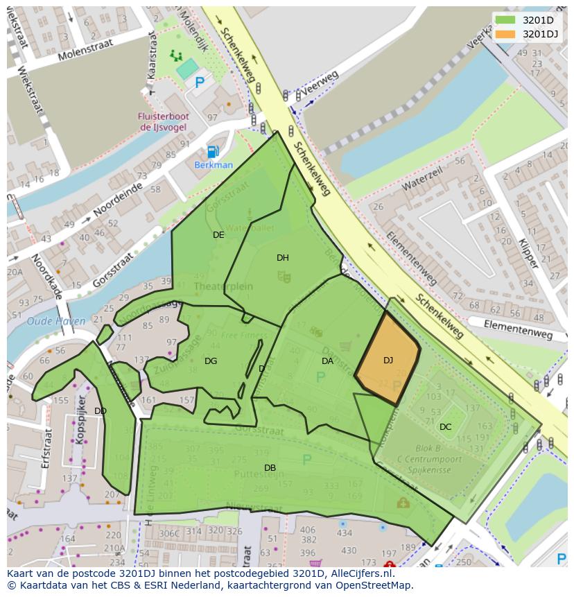 Afbeelding van het postcodegebied 3201 DJ op de kaart.