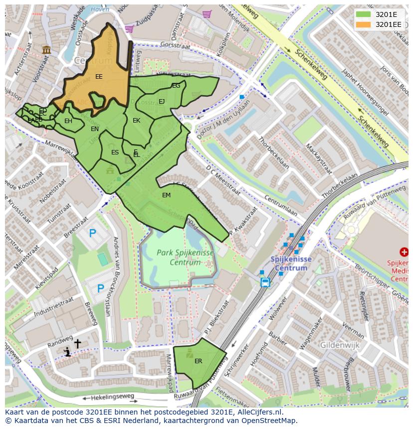Afbeelding van het postcodegebied 3201 EE op de kaart.