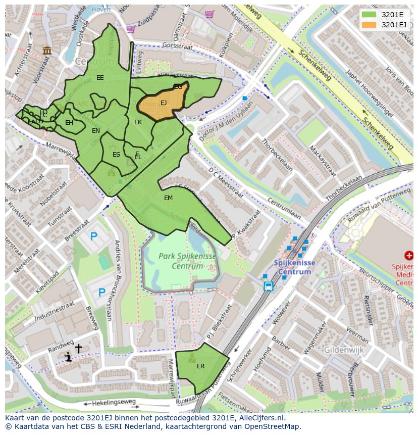 Afbeelding van het postcodegebied 3201 EJ op de kaart.