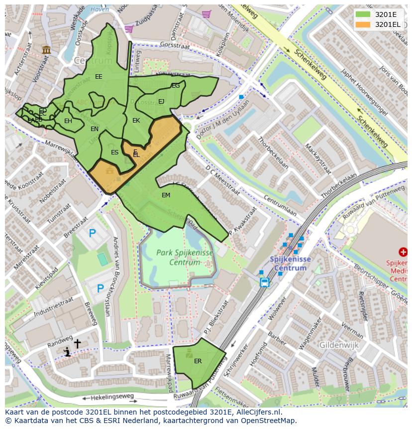 Afbeelding van het postcodegebied 3201 EL op de kaart.