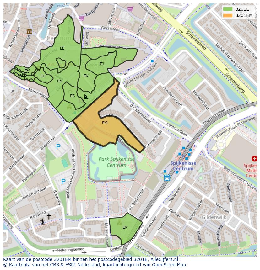 Afbeelding van het postcodegebied 3201 EM op de kaart.