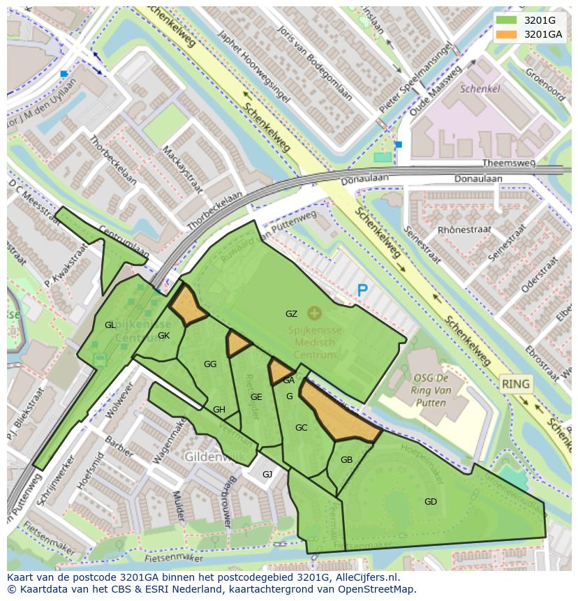 Afbeelding van het postcodegebied 3201 GA op de kaart.