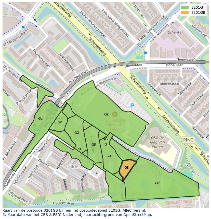 Afbeelding van het postcodegebied 3201 GB op de kaart.